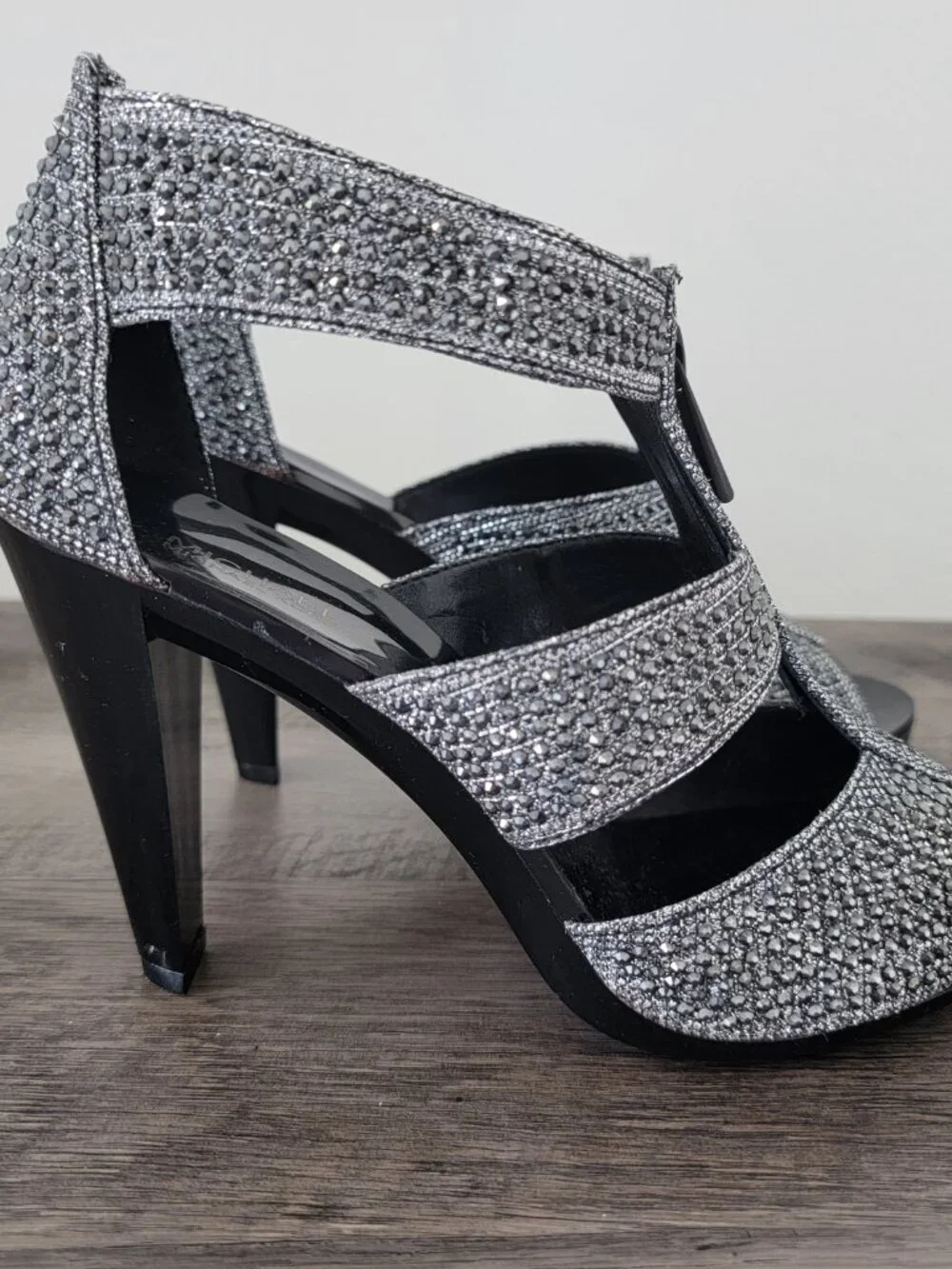 Michael Kors Berkley T-Strap Silver Glitter Rhinestone Caged Heels